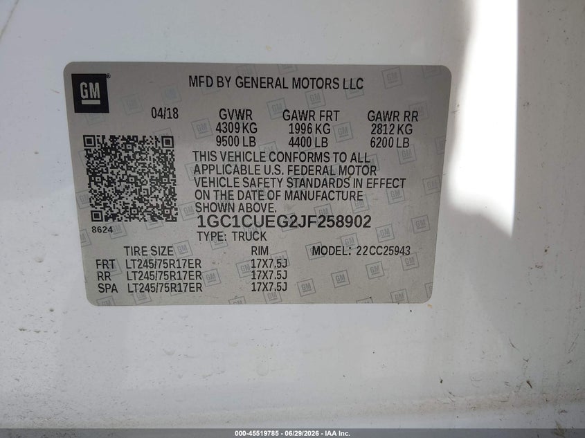 2018 Chevrolet Silverado VIN 1GC1CUEG2JF258902 IAAI salvage auction — NORMAL WEAR, SF97 (Alabama), sold $12,100 on 2026-09-09 (photo 9)