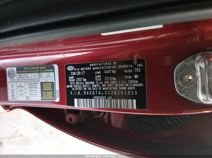 2018 Kia Optima VIN 5XXGT4L32JG201353 IAAI salvage auction — FRONT END, Salvage (Iowa), sold $25 on 2026-07-28 (photo 9)
