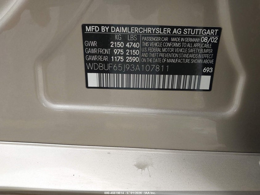 2003 Mercedes-benz E-class VIN WDBUF65J93A107811 IAAI salvage auction — NORMAL WEAR, Clear - Dealer Only (California), sold $450 on 2026-07-21 (photo 9)
