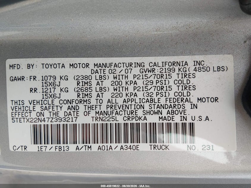 2007 Toyota Tacoma VIN 5TETX22N47Z393217 IAAI salvage auction — RIGHT REAR, Bill Of Sale (Washington), sold $4,050 on 2026-07-24 (photo 9)