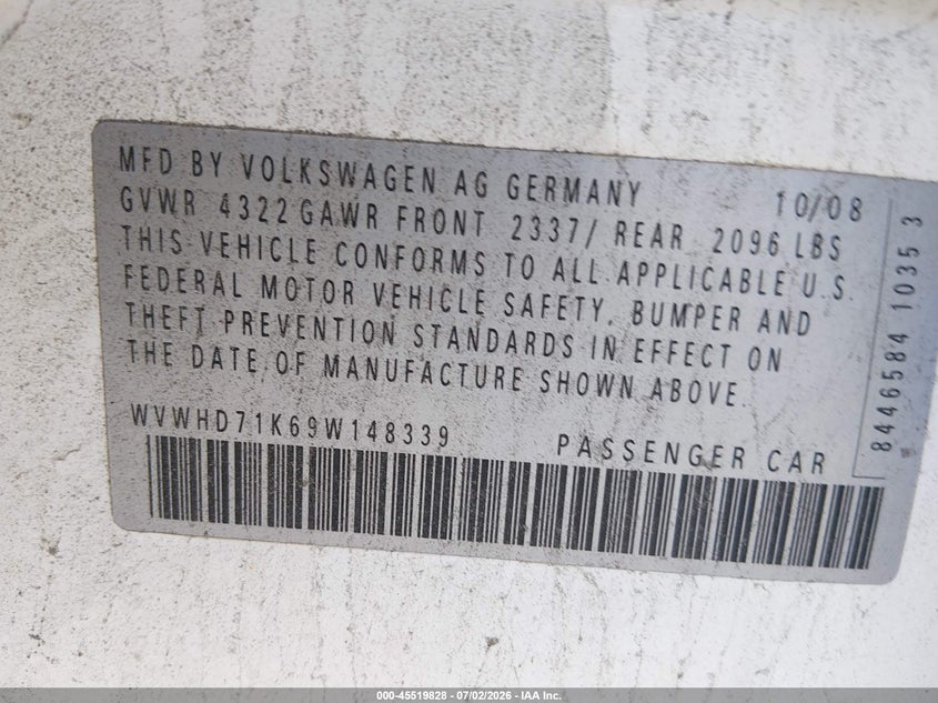 2009 Volkswagen Gti VIN WVWHD71K69W148339 IAAI salvage auction — NORMAL WEAR, Clear (Pennsylvania), sold $25 on 2026-08-18 (photo 9)