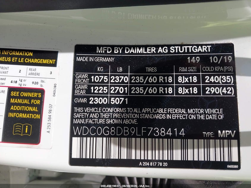 2020 Mercedes-benz Glc VIN WDC0G8DB9LF738414 IAAI salvage auction — FRONT END, Salvage Title, sold $1,900 on 2026-07-29 (photo 9)