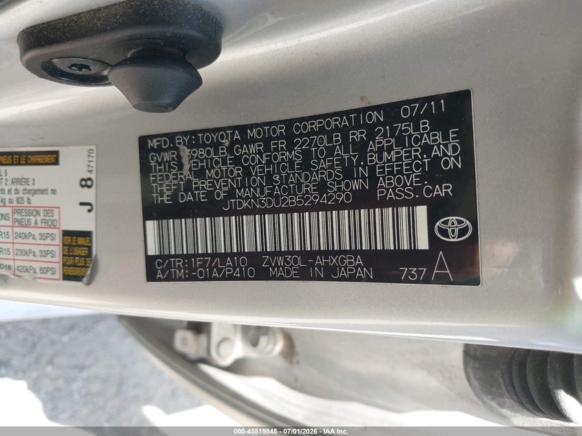 2011 Toyota Prius VIN JTDKN3DU2B5294290 IAAI salvage auction — REAR END, Salvage (Indiana), sold $1,550 on 2026-07-29 (photo 9)
