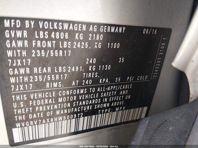2017 Volkswagen Tiguan VIN WVGRV7AX8HW500912 IAAI salvage auction — NORMAL WEAR, Clear (Missouri), sold $1,800 on 2026-07-28 (photo 9)