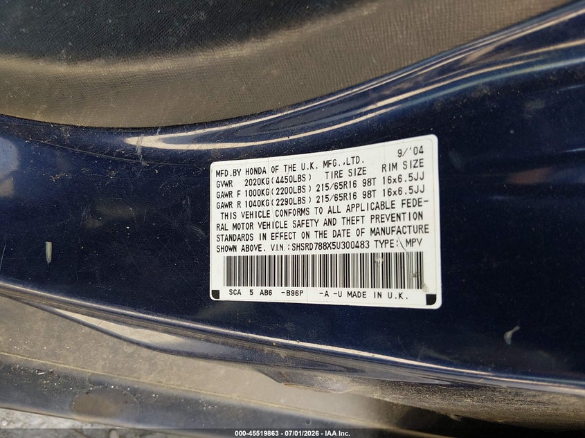 2005 Honda Cr-v VIN SHSRD788X5U300483 IAAI salvage auction — NORMAL WEAR, Clear (Massachusetts), sold $550 on 2026-07-15 (photo 9)