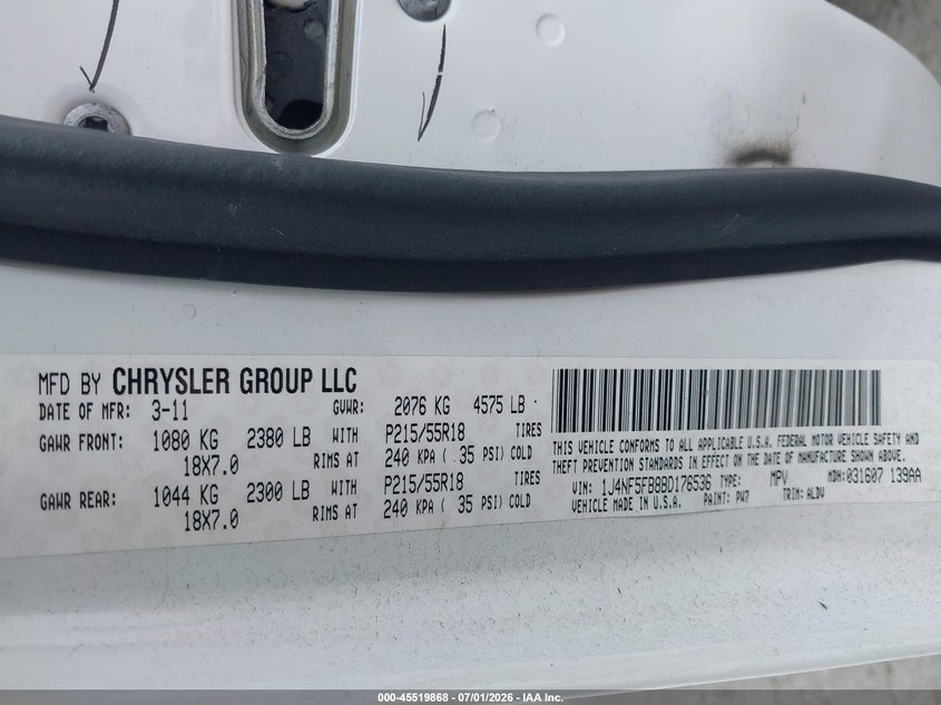 2011 Jeep Compass VIN 1J4NF5FB8BD176536 IAAI salvage auction — NORMAL WEAR, Clear-Dealer Only (Oregon), sold $900 on 2026-07-09 (photo 9)