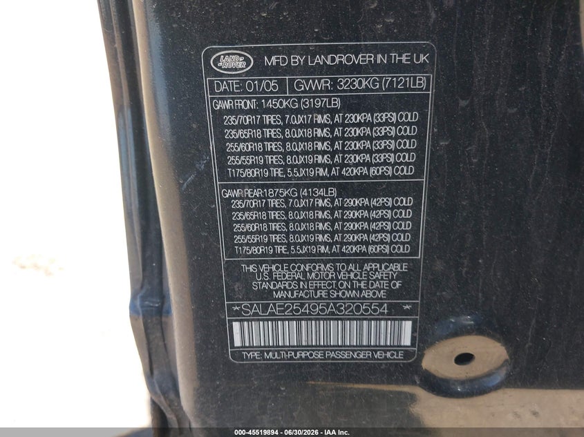 2005 Land rover Lr3 VIN SALAE25495A320554 IAAI salvage auction — NORMAL WEAR, Clear - Dealer Only (California), sold $425 on 2026-07-08 (photo 9)