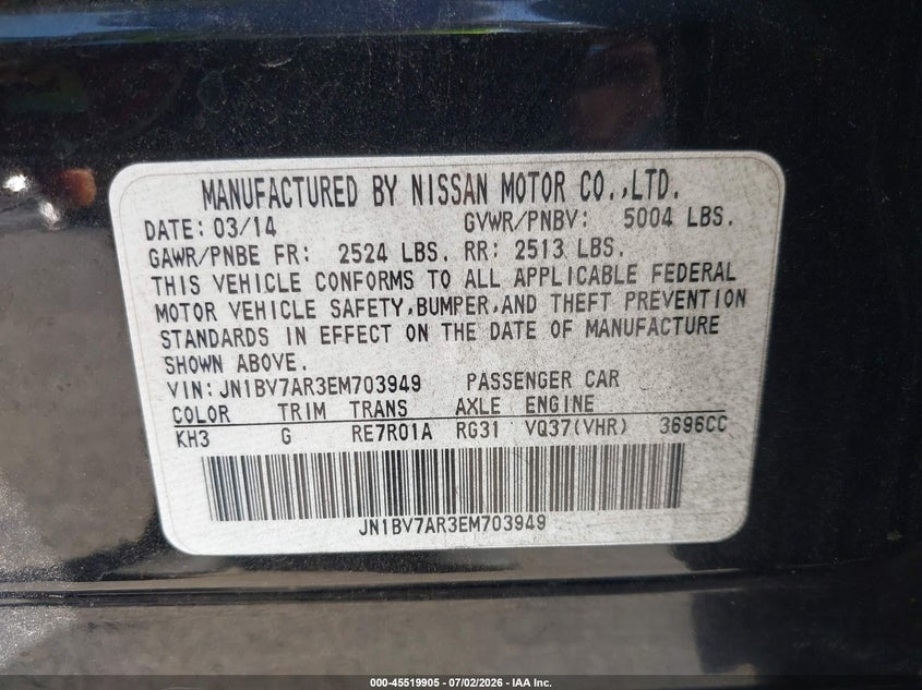 2014 Infiniti Q50 VIN JN1BV7AR3EM703949 IAAI salvage auction — ENGINE DAMAGE, Salvage (Connecticut), sold $50 on 2026-07-30 (photo 9)