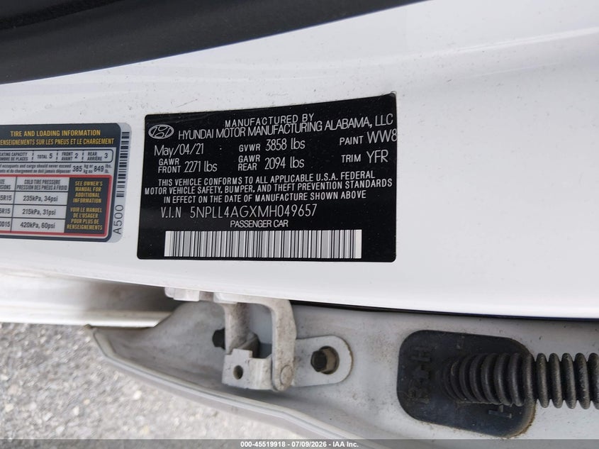 2021 Hyundai Elantra VIN 5NPLL4AGXMH049657 IAAI salvage auction — NORMAL WEAR, SF97 (Maryland), sold $25 on 2026-07-21 (photo 9)