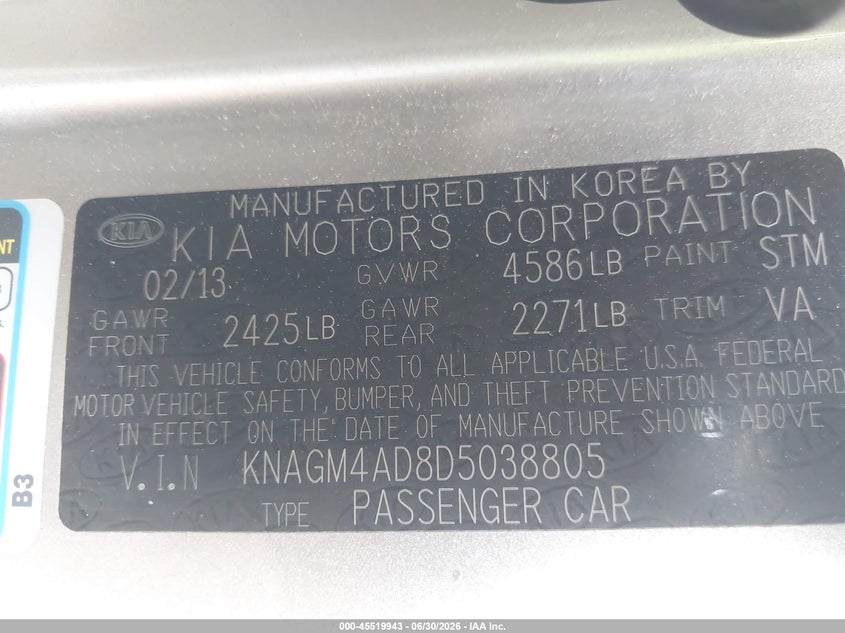 2013 Kia Optima hybrid VIN KNAGM4AD8D5038805 IAAI salvage auction — UNKNOWN, Clear - Dealer Only (California), sold $1,625 on 2026-07-08 (photo 9)