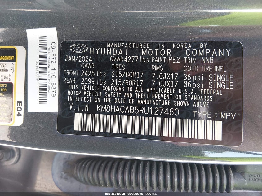 2024 Hyundai Kona VIN KM8HACAB5RU127460 IAAI salvage auction — NORMAL WEAR, Sf97 (Louisiana), sold $12,600 on 2026-08-03 (photo 9)