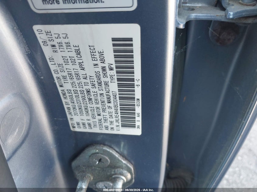 2011 Honda Cr-v VIN JHLRE4H4XBC004407 IAAI salvage auction — NORMAL WEAR, Clear (Pennsylvania), sold $1,075 on 2026-07-24 (photo 9)