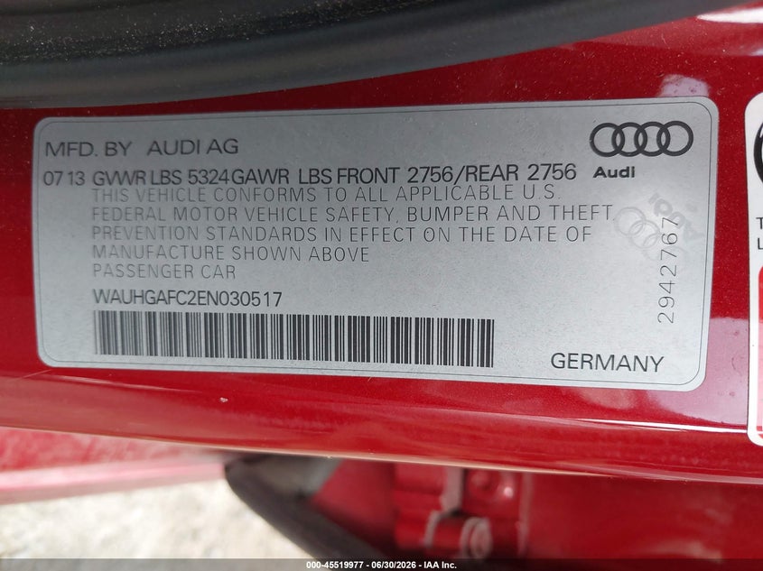 2014 Audi A6 VIN WAUHGAFC2EN030517 IAAI salvage auction — NORMAL WEAR, Clear (Washington), sold $775 on 2026-07-29 (photo 9)