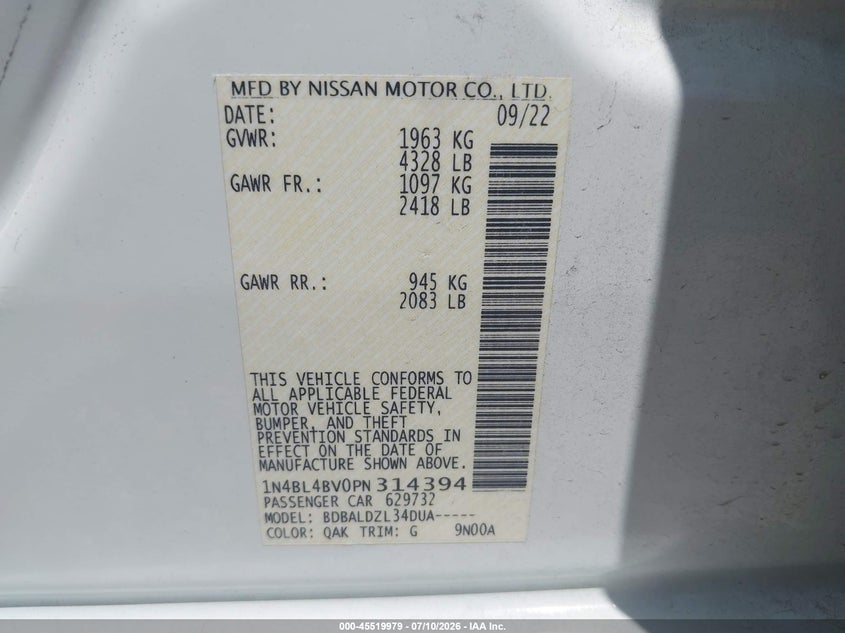 2023 Nissan Altima VIN 1N4BL4BV0PN314394 IAAI salvage auction — RIGHT SIDE, Original (Texas), sold $9,000 on 2026-09-01 (photo 9)
