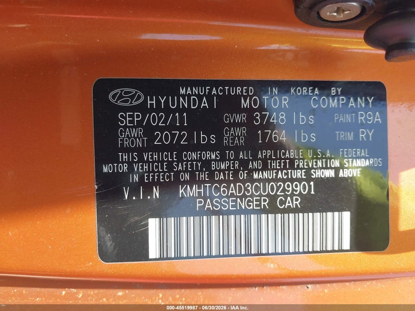 2012 Hyundai Veloster VIN KMHTC6AD3CU029901 IAAI salvage auction — NORMAL WEAR, Clear-Dealer Only (Maryland), sold $400 on 2026-07-30 (photo 9)