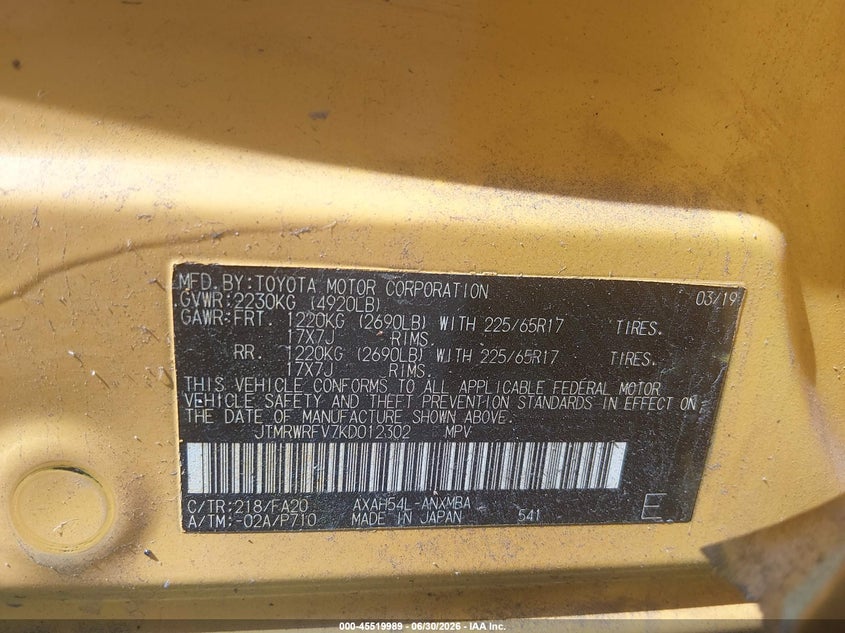 2019 Toyota Rav 4 VIN JTMRWRFV7KD012302 IAAI salvage auction — FRONT & REAR, Clear (New York), sold $7,600 on 2026-07-27 (photo 9)