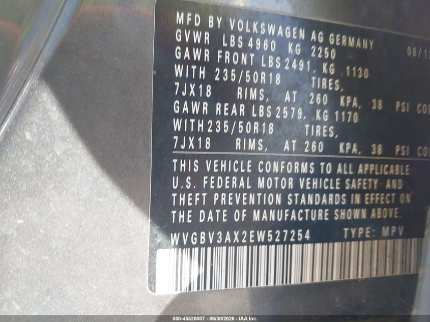 2014 Volkswagen Tiguan VIN WVGBV3AX2EW527254 IAAI salvage auction — NORMAL WEAR, Clear-Dealer Only (Michigan), sold $275 on 2026-07-28 (photo 9)