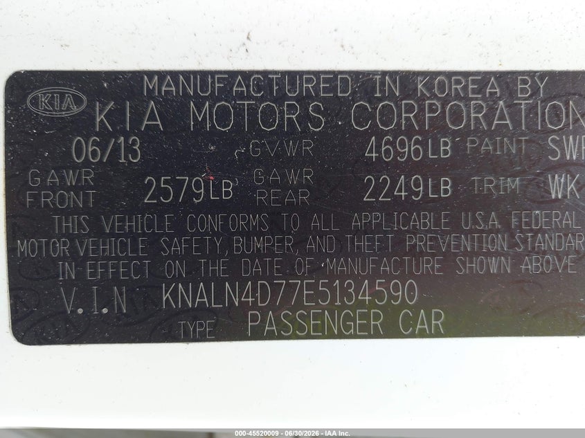 2014 Kia Cadenza VIN KNALN4D77E5134590 IAAI salvage auction — UNKNOWN, Original (Maine), sold $600 on 2026-07-06 (photo 9)