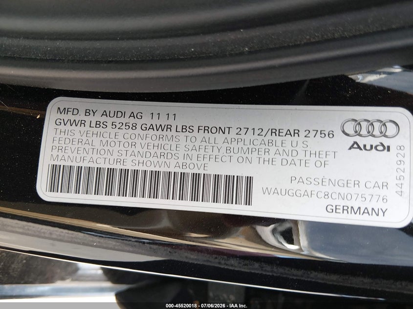 2012 Audi A6 VIN WAUGGAFC8CN075776 IAAI salvage auction — NORMAL WEAR, Clear (North Carolina), sold $500 on 2026-07-29 (photo 9)