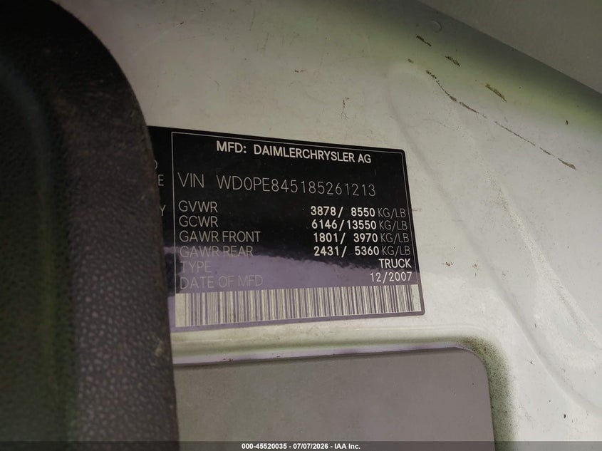 2008 Dodge Sprinter VIN WD0PE845185261213 IAAI salvage auction — NORMAL WEAR, Clear (Illinois), sold $550 on 2026-07-28 (photo 9)