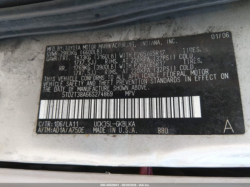 2006 Toyota Sequoia VIN 5TDZT38A66S274869 IAAI salvage auction — NORMAL WEAR, Clear - Dealer Only (California), sold $1,150 on 2026-07-28 (photo 9)
