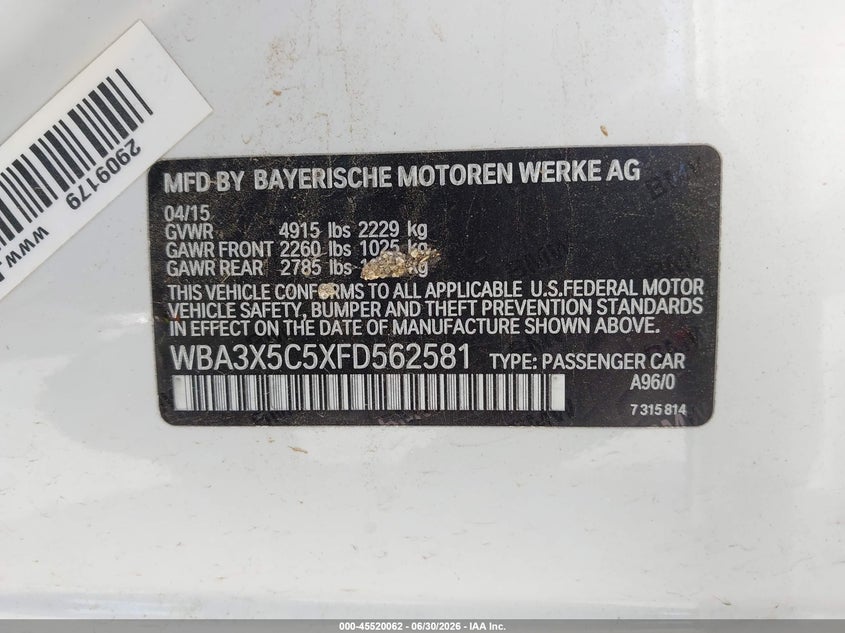 2015 BMW 3er VIN WBA3X5C5XFD562581 IAAI salvage auction — RIGHT FRONT, Salvage (Texas), sold $1,350 on 2026-08-20 (photo 9)