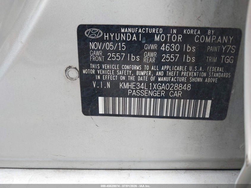 2016 Hyundai Sonata VIN KMHE34L1XGA028848 IAAI salvage auction — NORMAL WEAR, Clear - Dealer Only (California), sold $675 on 2026-07-28 (photo 9)