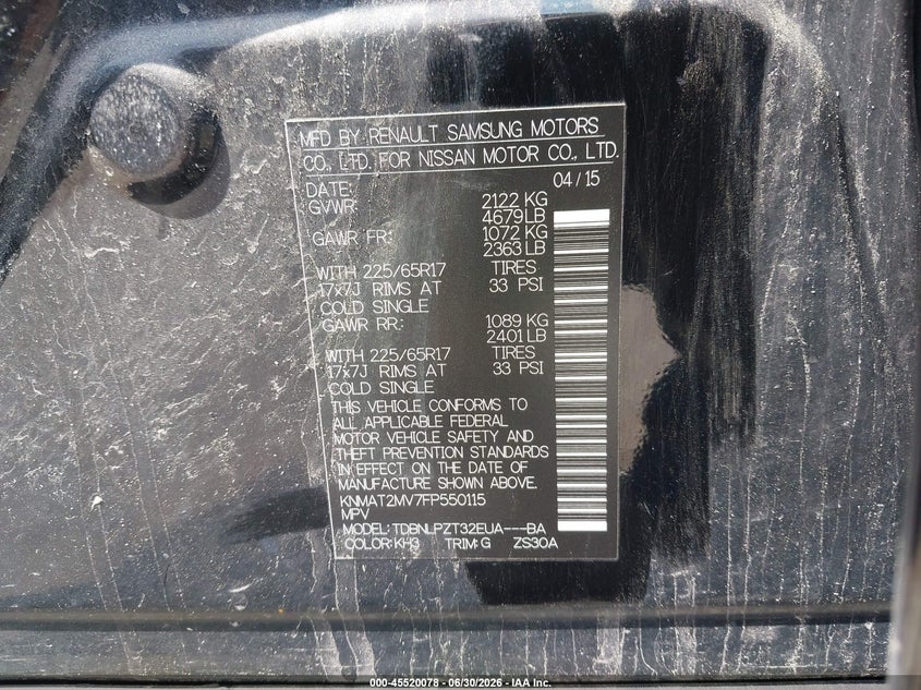 2015 Nissan Rogue VIN KNMAT2MV7FP550115 IAAI salvage auction — UNKNOWN, Original (Maine), sold $350 on 2026-07-13 (photo 9)