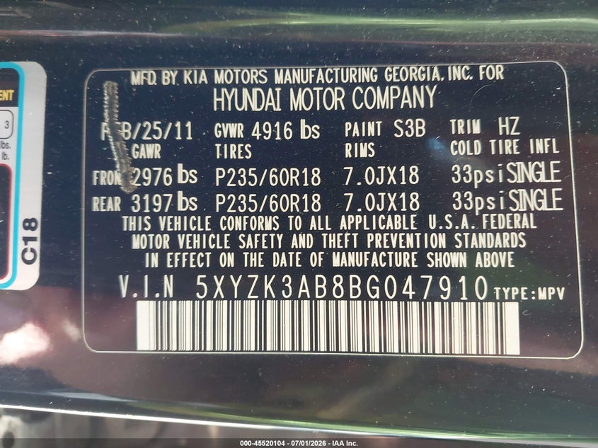 2011 Hyundai Santa fe VIN 5XYZK3AB8BG047910 IAAI salvage auction — RIGHT SIDE, Salvage (Ohio), sold $250 on 2026-07-23 (photo 9)
