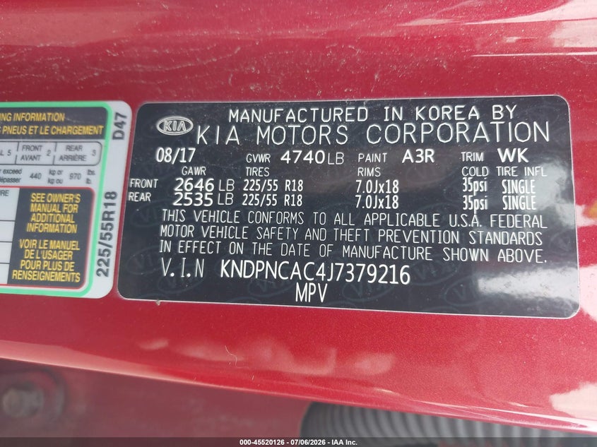 2018 Kia Sportage VIN KNDPNCAC4J7379216 IAAI salvage auction — FRONT END, Salvage (Ohio), sold $2,300 on 2026-07-12 (photo 9)