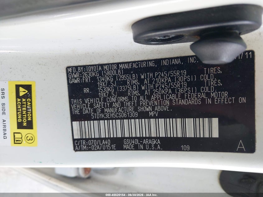 2012 Toyota Highlander VIN 5TDYK3EH5CS061309 IAAI salvage auction — NORMAL WEAR, Clear (Florida), sold $3,050 on 2026-07-15 (photo 9)