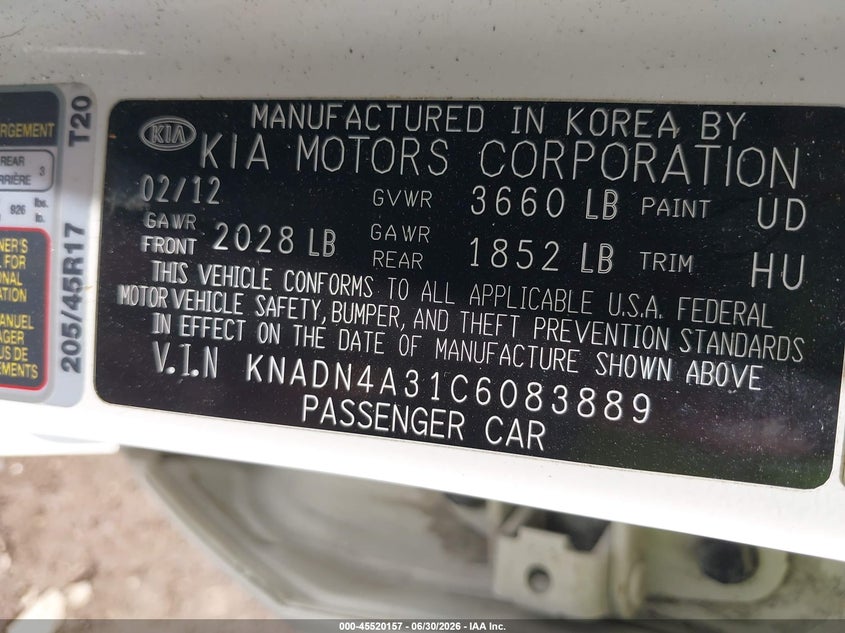 2012 Kia Rio VIN KNADN4A31C6083889 IAAI salvage auction — FRONT END, Salvage Title, sold $450 on 2026-07-16 (photo 9)