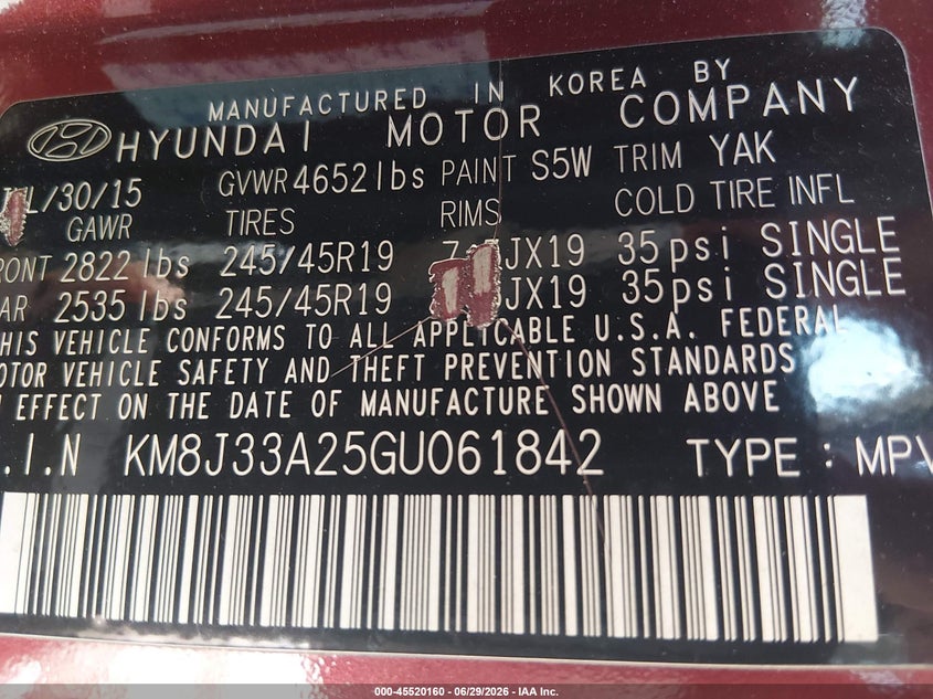 2016 Hyundai Tucson VIN KM8J33A25GU061842 IAAI salvage auction — NORMAL WEAR, Clear (Tennessee), sold $2,475 on 2026-07-30 (photo 9)