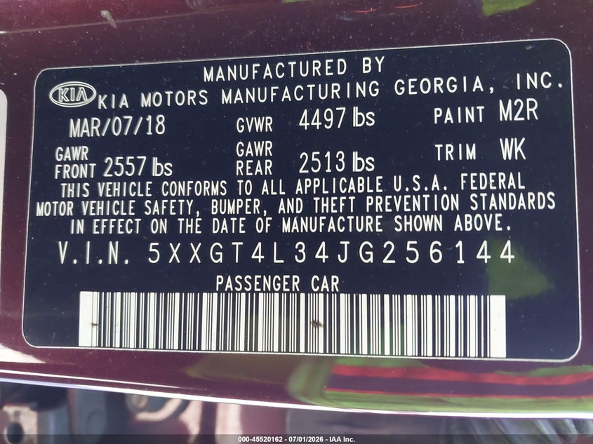 2018 Kia Optima VIN 5XXGT4L34JG256144 IAAI salvage auction — MECHANICAL, Clear (Florida), sold $425 on 2026-07-22 (photo 9)
