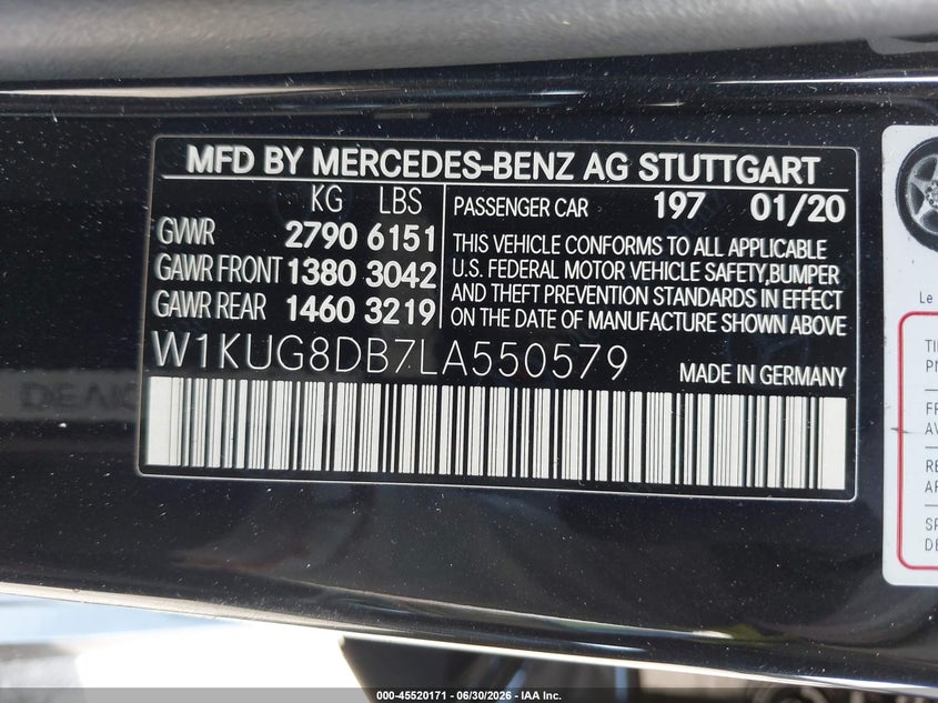 2020 Mercedes-benz S-klasse VIN W1KUG8DB7LA550579 IAAI salvage auction — FRONT END, Salvage Title, sold $21,000 on 2026-07-29 (photo 9)