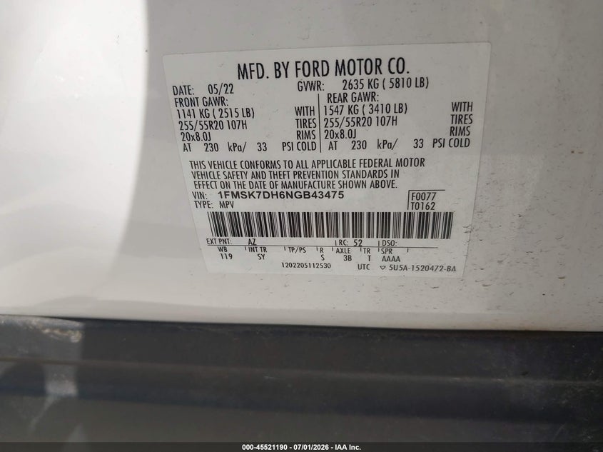 2022 Ford Explorer VIN 1FMSK7DH6NGB43475 IAAI salvage auction — RIGHT FRONT, Salvage (Texas), sold $7,600 on 2026-08-22 (photo 9)