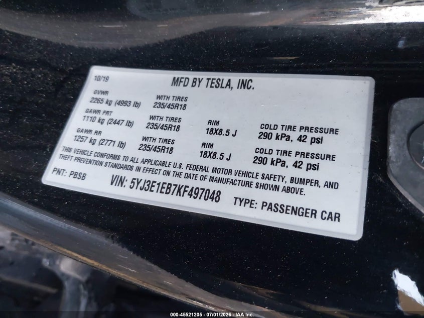 2019 Tesla Model 3 VIN 5YJ3E1EB7KF497048 IAAI salvage auction — LEFT SIDE, Mv-907A (New York), sold $2,050 on 2026-07-30 (photo 9)