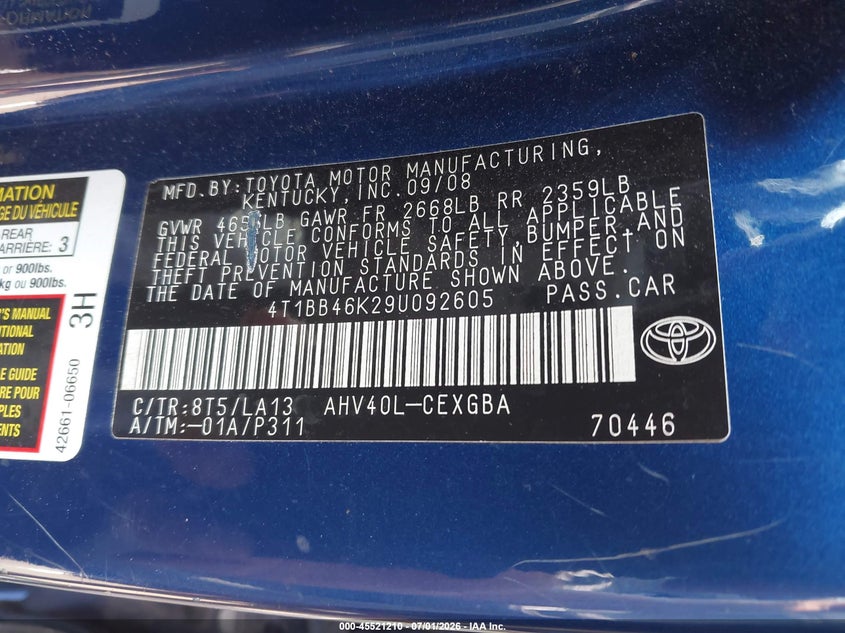 2009 Toyota Camry hybrid VIN 4T1BB46K29U092605 IAAI salvage auction — FRONT END, Mv-907A (New York), sold $450 on 2026-07-23 (photo 9)