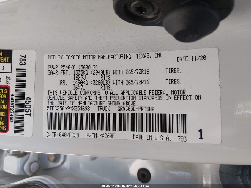 2021 Toyota Tacoma VIN 5TFCZ5AN9MX254698 IAAI salvage auction — LEFT SIDE, Salvage Title, sold $10,300 on 2026-07-29 (photo 9)