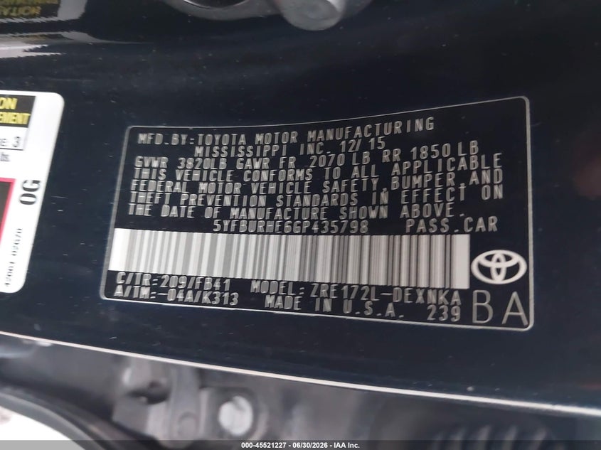 2016 Toyota Corolla VIN 5YFBURHE6GP435798 IAAI salvage auction — LEFT SIDE, Clear (Arizona), sold $2,400 on 2026-07-27 (photo 9)