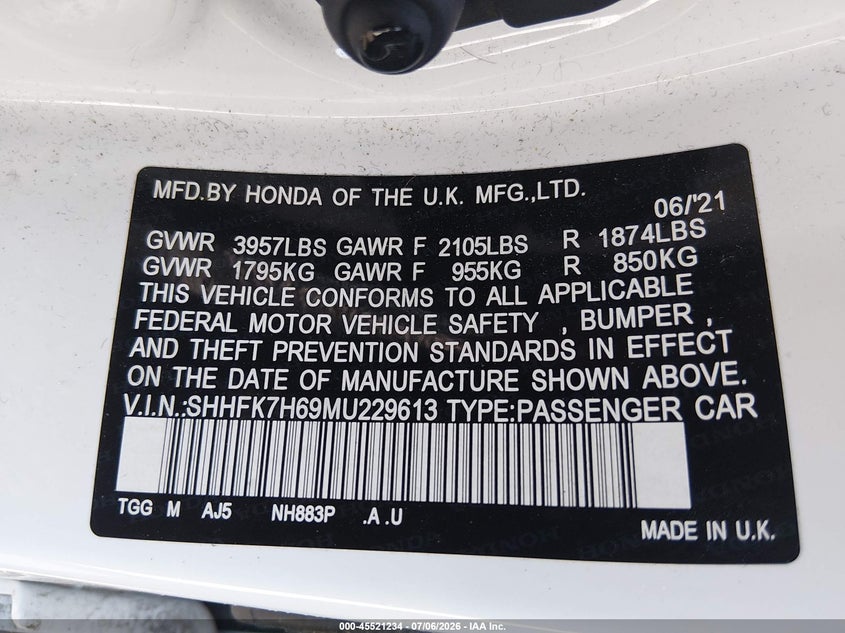 2021 Honda Civic VIN SHHFK7H69MU229613 IAAI salvage auction — LEFT REAR, Salvage (Ohio), sold $6,100 on 2026-07-28 (photo 9)