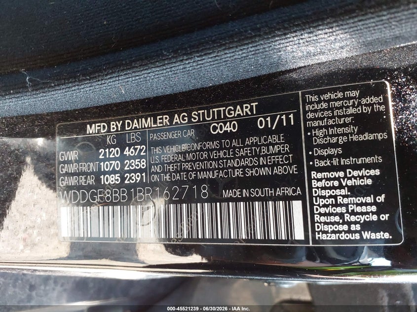2011 Mercedes-benz C class VIN WDDGF8BB1BR162718 IAAI salvage auction — NORMAL WEAR, Clear (New Jersey), sold $600 on 2026-07-16 (photo 9)