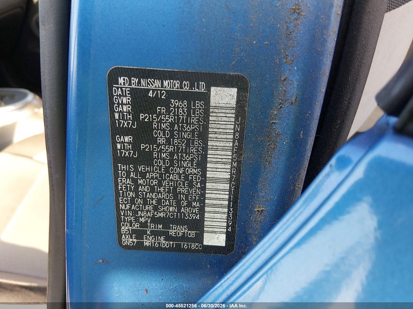 2012 Nissan Juke VIN JN8AF5MR7CT113394 IAAI salvage auction — NORMAL WEAR, Clear (South Carolina), sold $350 on 2026-07-28 (photo 9)