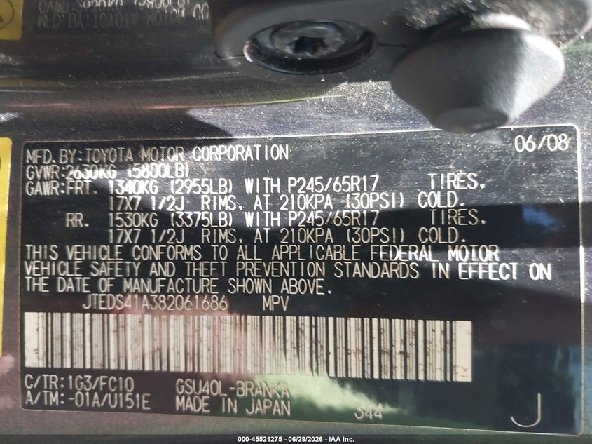 2008 Toyota Highlander VIN JTEDS41A382061686 IAAI salvage auction — NORMAL WEAR, Clear (Hawaii), sold $550 on 2026-07-28 (photo 9)
