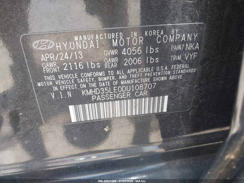 2013 Hyundai Elantra VIN KMHD35LE0DU108707 IAAI salvage auction — FRONT END, Clear (Massachusetts), sold $425 on 2026-07-14 (photo 9)