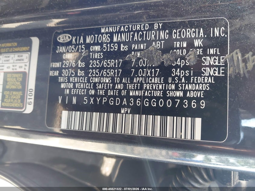 2016 Kia Sorento VIN 5XYPGDA36GG007369 IAAI salvage auction — NORMAL WEAR, Clear (New York), sold $1,700 on 2026-07-07 (photo 9)