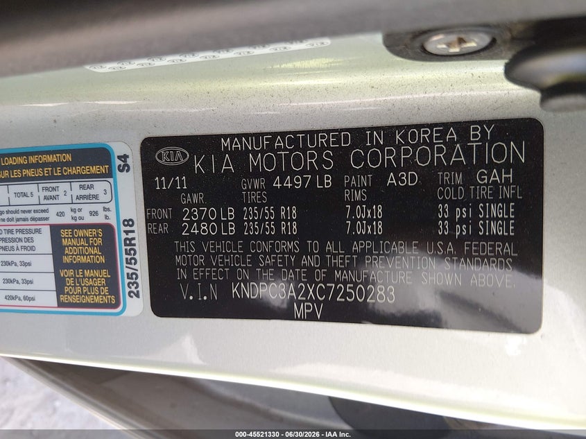 2012 Kia Sportage VIN KNDPC3A2XC7250283 IAAI salvage auction — NORMAL WEAR, Clear-Dealer Only (Arizona), sold $1,875 on 2026-07-14 (photo 9)