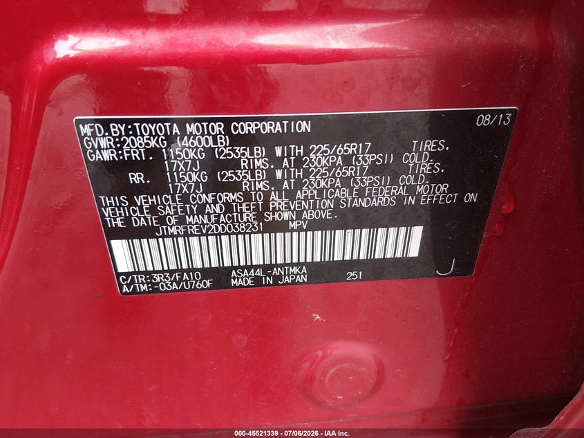 2013 Toyota Rav 4 VIN JTMRFREV2DD038231 IAAI salvage auction — ELECTRICAL, Clear (Massachusetts), sold $4,750 on 2026-07-14 (photo 9)