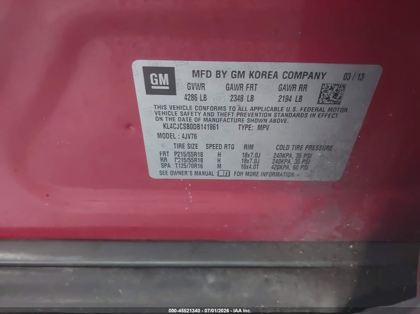 2013 Buick Encore VIN KL4CJCSB0DB141861 IAAI salvage auction — FRONT END, Rebuildable (Florida), sold $300 on 2026-07-22 (photo 9)