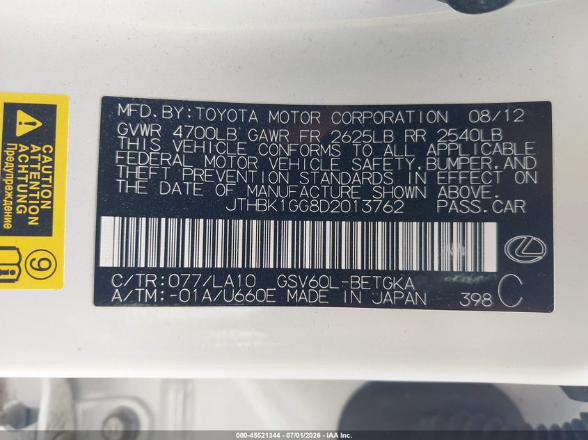 2013 Lexus ES VIN JTHBK1GG8D2013762 IAAI salvage auction — FRONT END, Salvage (California), sold $4,750 on 2026-07-22 (photo 9)